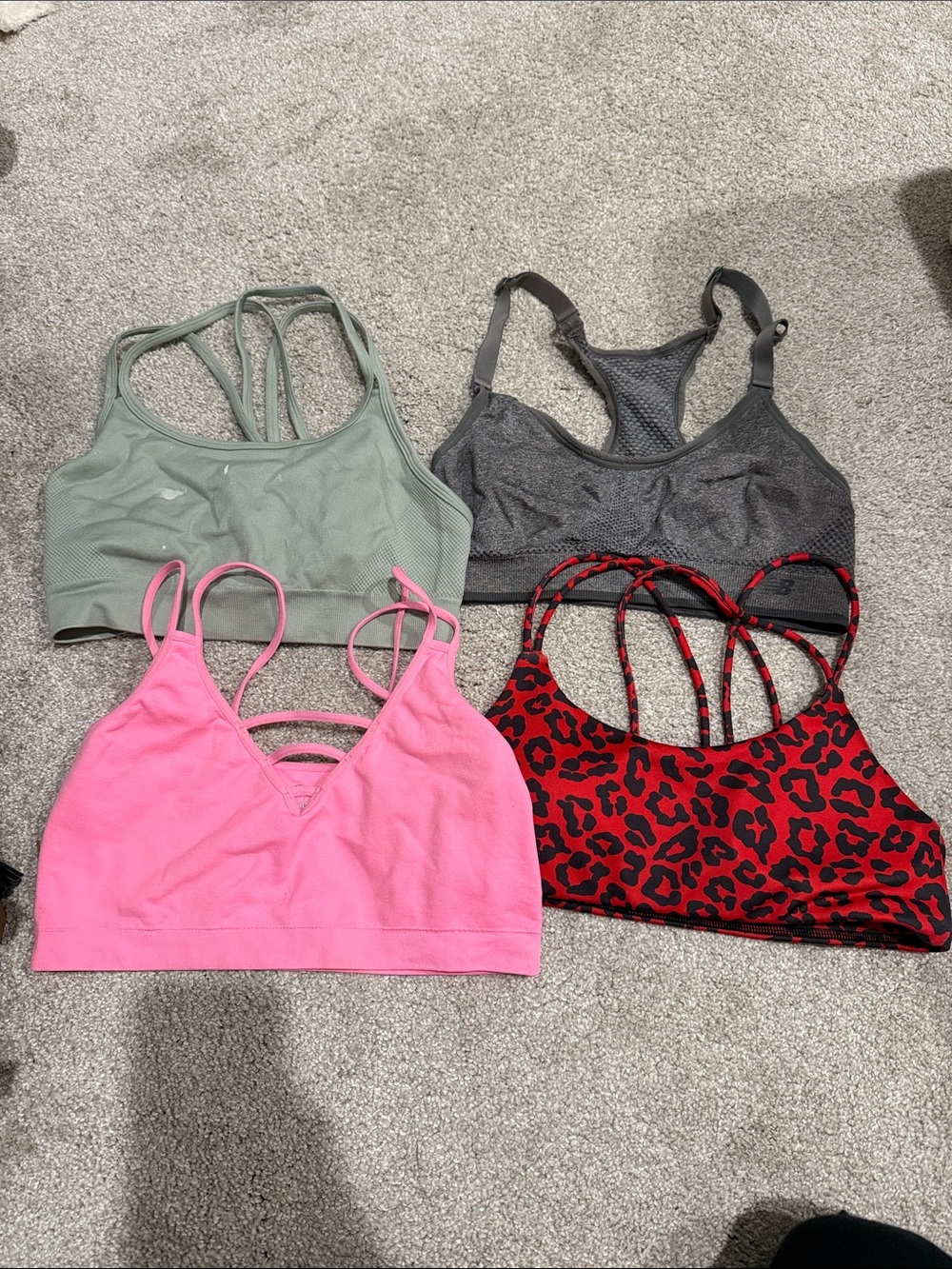 Women’s Sports Bralette Set of 5- Pink, Sage, Gray, Red Leopard, blue